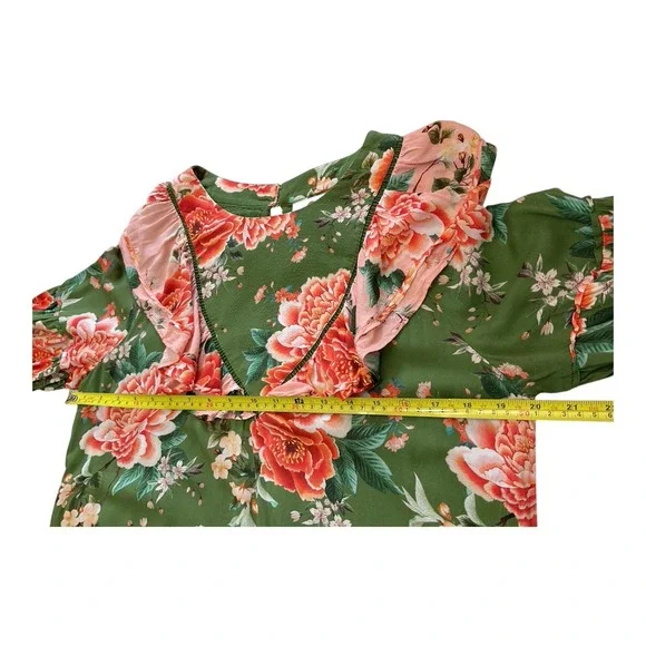 FARM Rio Anthropologie Elinor Tunic Dress Green & Pink Floral Ruffle Size M - Picture 9 of 14